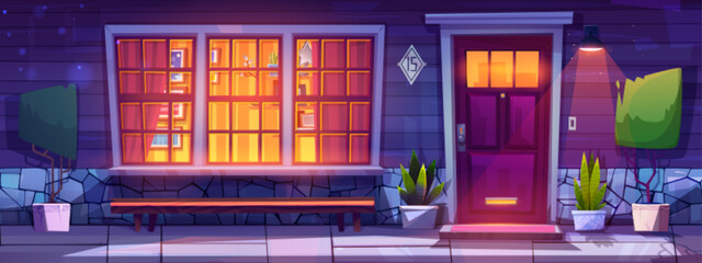 House porch and front entrance door at night vector cartoon illustration. Wooden wall and window with light outside home facade view. Closed entry and mat on doorstep. Fairytale scene with lantern