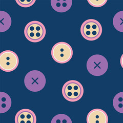 Seamless pattern with multicolored round buttons for clothes highlighted on a blue background. The buttons are flat and have a contoured design. Vector illustration. 