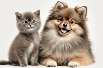 A gray kitten and a dog with a big smile on a white background. Beautiful fluffy cat and pomeranian spitz puppy. Generative AI