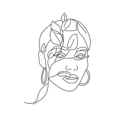 Woman Face with Leaves Line Art Vector Drawing. Style Template with Female Head with Leaves. Modern Minimalist Simple Linear Style. Beauty Fashion Design 