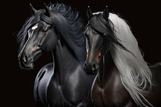Stallions with long manes that are black run against a dark background. Generative AI