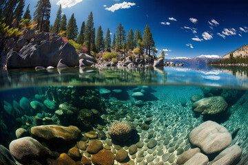Photorealistic ai artwork of an overwater underwater photo of a clear water lake with rocks and beautiful sunny day above. Generative ai.