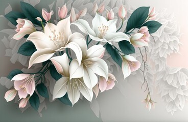 Transform Your Room with Stunning Pink and White Flower 3D Wallpaper Featuring Lush Green Branches, Generative AI.