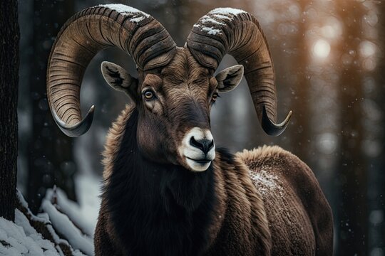 A picture of a big forest animal in the winter. Mouflon, Ovis orientalis, animal with horns that lives in the forest. Portrait of a large horned animal taken up close in the Czech Republic. Generative