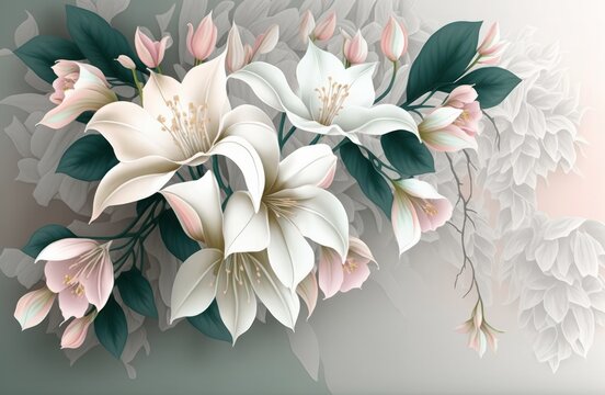 Fototapeta Transform Your Room with Stunning Pink and White Flower 3D Wallpaper Featuring Lush Green Branches, Generative AI.