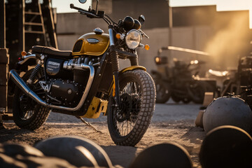 Photorealistic ai artwork of a yellow classic motorcycle in an old dusty yard at sunset. Generative ai.