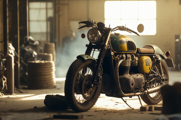 Photorealistic ai artwork of a yellow classic motorcycle in an old dusty garage at sunset. Generative ai.