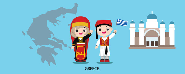 Fototapeta na wymiar Vector international with the image of men and woman in map dancing sirtaki and the flag of Greece.