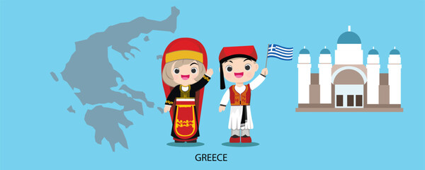 Vector international with the image of men and woman in map dancing sirtaki and the flag of Greece.