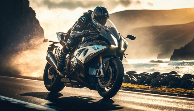 Photorealistic ai artwork of a white, blue and black sportsbike or superbike concept motorcycle riding on a coast road at sunset. Generative ai.