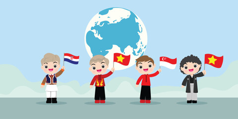 kid national Infographic with Traditional Costume earth and  Vector Illustration