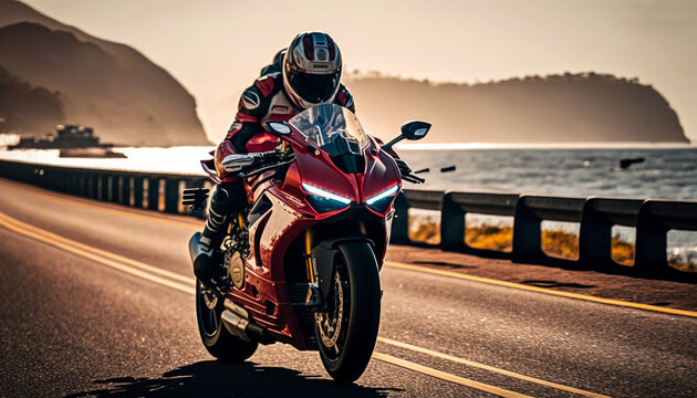 Photorealistic ai artwork of a red sportsbike or superbike concept motorcycle riding on a coast road at sunset. Generative ai.