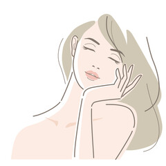 Beautiful young woman with long hair touches her cheek with her finger. Beauty, fashion, makeup, skincare concept. Vector illustration in line drawing, isolated on white background.