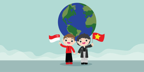 Set of vietnam  in earth dressed in different national costumes.singapore