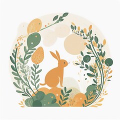 Easter wreath shape. Rabbit, eggs and flowers, illustrations to celebrate Easter.  Green and Orange color palette. Generative AI technology.