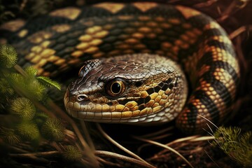 Fototapeta premium Natrix natrix, a close up picture of a snake in the forest. Free living animals. Generative AI