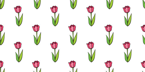Obraz premium Vector seamless pattern with red tulip flowers. Hand drawn doodle cute bright texture, backdrop for wrapping paper, textile. Topic of spring, blooming nature, holidays design