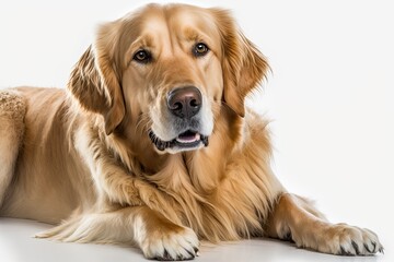 Golden Retriever dog panting and looking at the camera while lying on a white background. Generative AI