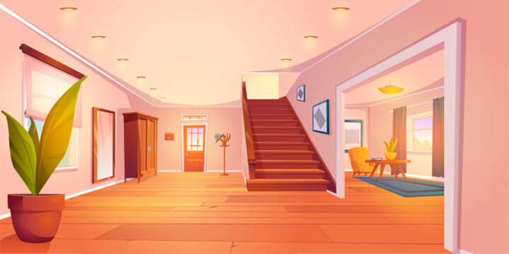 Cartoon house hallway and living room interior design with furniture. Vector illustration of large clean space with entrance door, windows, staircase, wardrobe, mirror, armchair and table, flower pots