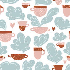 Vector seamless pattern with cups of tea or coffee. Abstract tea time print design.