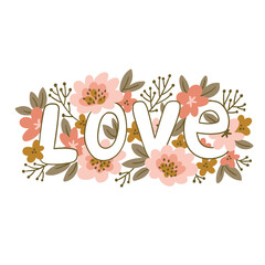 Bouquet of red and pink flowers with lettering 'love'. Cute hand drawn vector illustration for valentines day and greetings card. Isolated object on white.