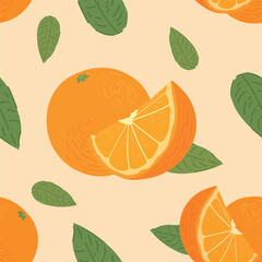 Many oranges on beige background. Seamless pattern for design