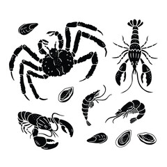 Seafood kit, black and white hand drawn vector illustration set. Apply for advertising stores and packaging design. Isolated object on white. 