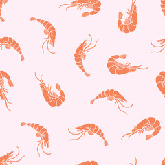 Vector sea animal seamless pattern with prawn on pink background. Cute monochrome repeated texture in simple flat style. Perfect for fabric design and wallpaper.   - 580523792