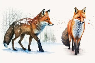 Obraz premium Fox and deer are forest animals. Realistic illustration of a cute red wild fox walking in the winter, set against a white background. Generative AI
