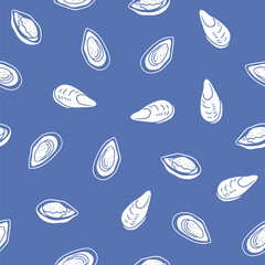 Seamless pattern with mussels in flat style. Vector monochrome repeated design for fabric,  wallpaper or wrapping paper.   - 580523798