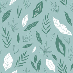 Simple natural seamless pattern in green colors. Vector hand-drawn leaves repeated background. Organic texture for fabric design.