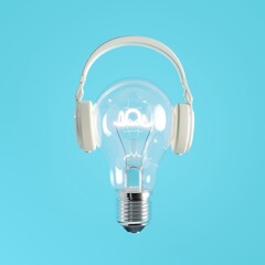 Closeup Lighting bulb Floating put on headphones isolate on blue color background. Minimal idea concept. 3D Render. - 580523964