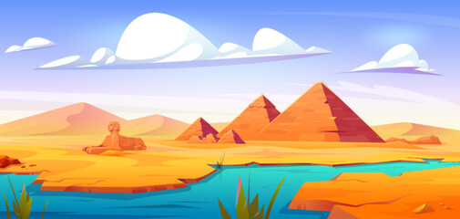Fototapeta na wymiar Egyptian desert with ancient pyramids and antique sphinx statue on bank of Nile river. Vector cartoon illustration of sandy valley landscape with dunes, blue water, pharaoh tombs and morning skyline