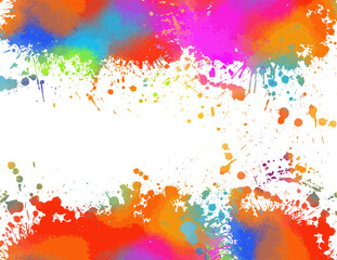 Grunge splatter. Rainbow colors grunge splash. Multicolored frame background. Color explosion. Colored blot on white. Vector illustration