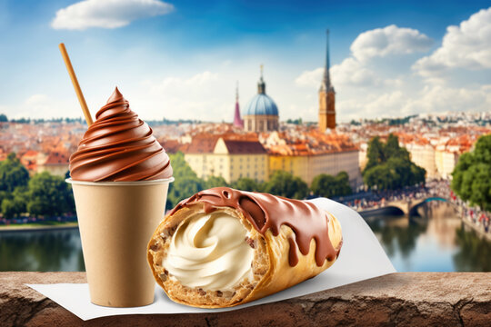 Trdelnik is a traditional Czech pastry made from rolled dough that's wrapped around a spit, baked over an open flame, and then coated with a generous amount of cinnamon-sugar. AI generative