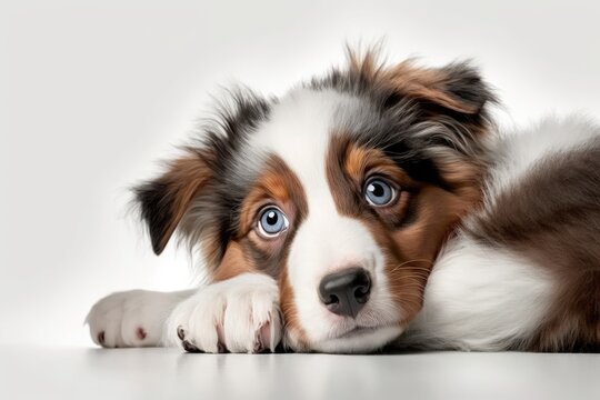 The Australian Shepherd puppy is lying on a white background and looking at the copy space in a funny studio portrait. Generative AI