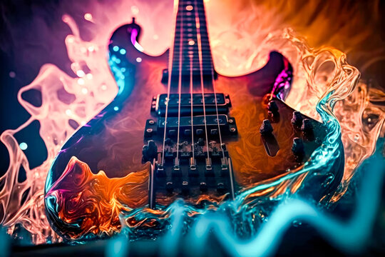 Bass electro guitar in fire and glowing in flames. Heavy metal and rock n roll music concept. AI generative