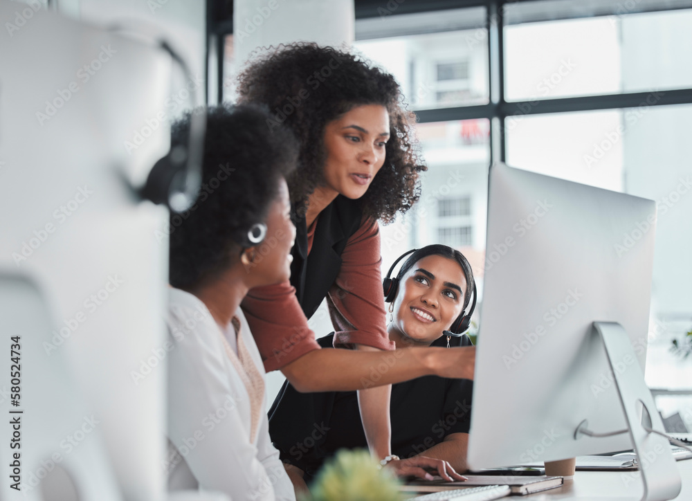 Poster call center, mentor and teaching with people in office for training, commitment and coaching. advice
