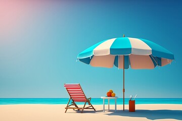 Relaxing view at the beach with chair and umbrella.