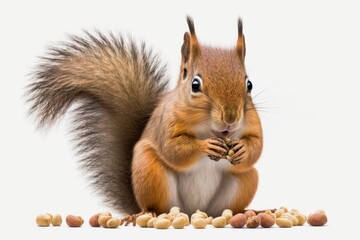 A white background shows a small squirrel eating a hazelnut. Generative AI - obrazy, fototapety, plakaty