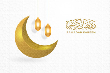 Shiny golden moon on white background with arabic calligraphy Ramadan Kareem for Muslim community festival Ramadan Kareem.
