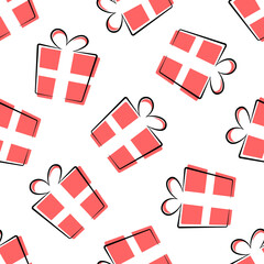 Gift boxes vector seamless pattern. Hand drawn doodle elements on white background. Best for textile, print, wrapping paper, package and festive decoration.