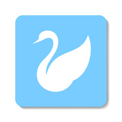 Swan flat icon. Stylized white vector glyph on blue background. Best for seamless patterns, logo creating, mobile apps and web design.