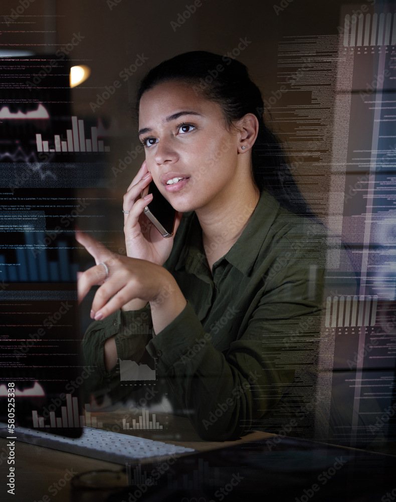 Aufkleber Phone call, overlay and finance with a business woman using an ai or 3d dashboard to access a global network. Data, accounting and digital with a fintech employee doing internet research to invest