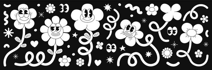 Retro cartoon flower character sticker pack. Groovy funky comic daisy flower with eyes and abstract cloud shapes in trendy retro cartoon style. Vector illustration with wavy spiral and loop elements.
