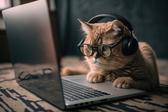 Cat with headphones studying economics on a laptop with headphones.  Generative AI Stock-illustration | Adobe Stock