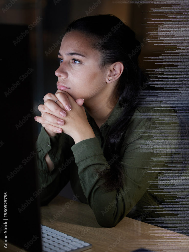 Aufkleber Thinking, digital hologram and woman on computer in office for coding, programming and online data at night. Technology overlay, idea and female worker focus on pc for research, network and analytics