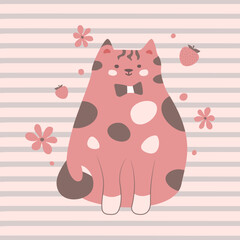 Vector illustration, cat with strawberries for kids, cute characters,pets,cats,kitten,cat,cat,hand-drawn,in a modern,cartoon doodle style.On a pale pink background.Print for textiles,web design.
