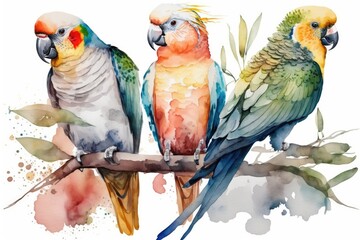 Naklejka premium Watercolor parrots on a white background, hand drawn cockatiel parrots. Generative AI