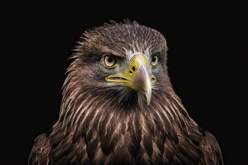 Obraz premium Out of the darkness, a White tailed Eagle looks at the camera. Generative AI